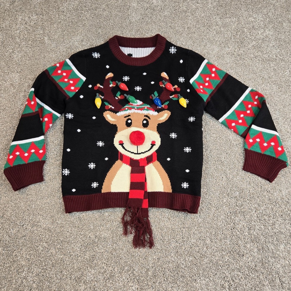 Joyin LED Light Up Ugly Christmas Sweater reindeer womans size Medium 3D scurf.